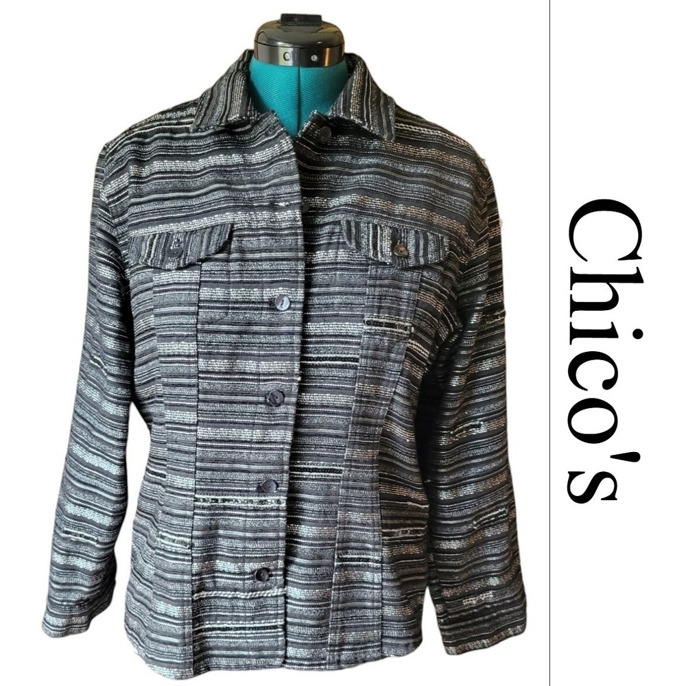 Chicos Textured Striped Sequin Button Front Jacket Black Silver Grey Size 2‎ L